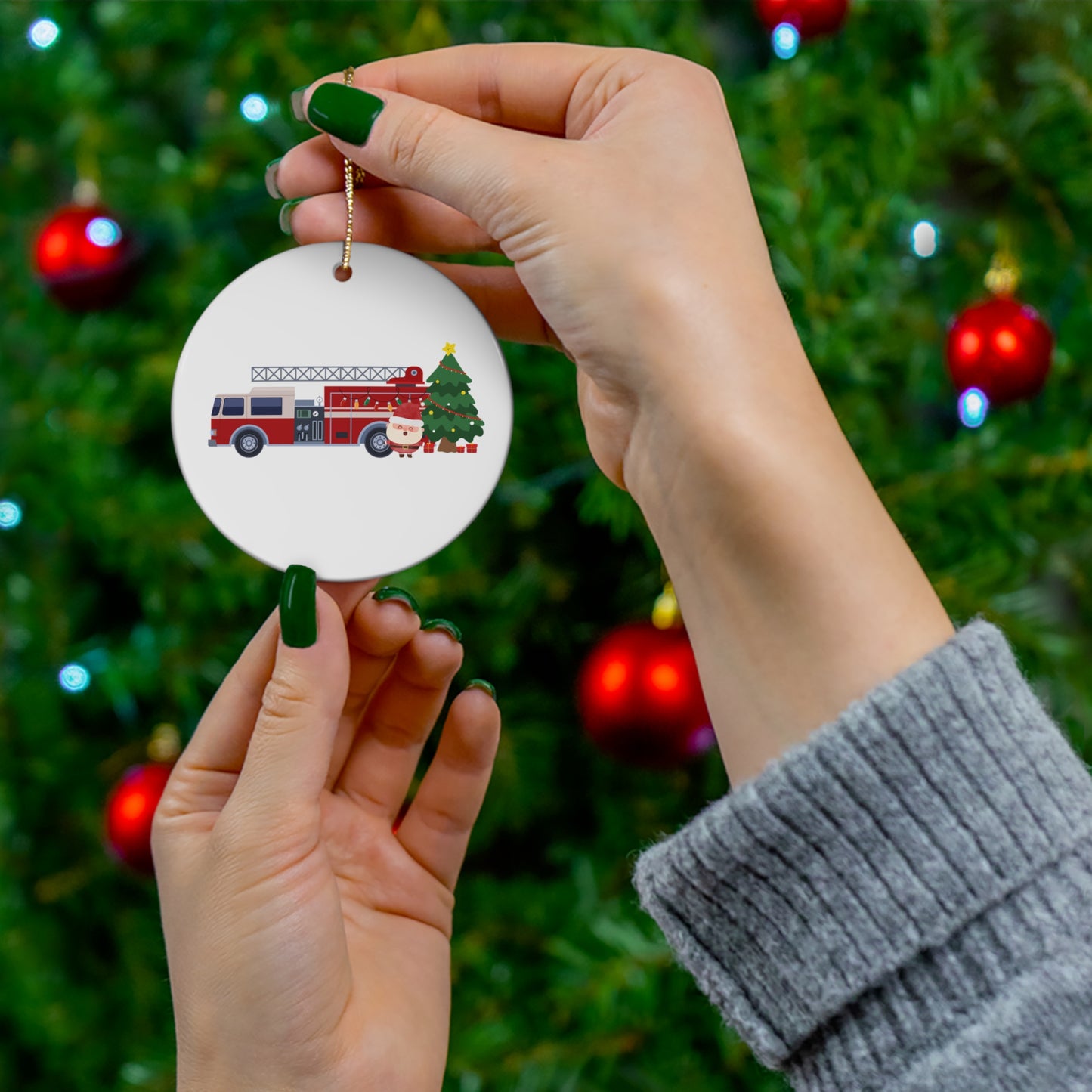 Firetruck & Christmas Tree Ceramic Ornament