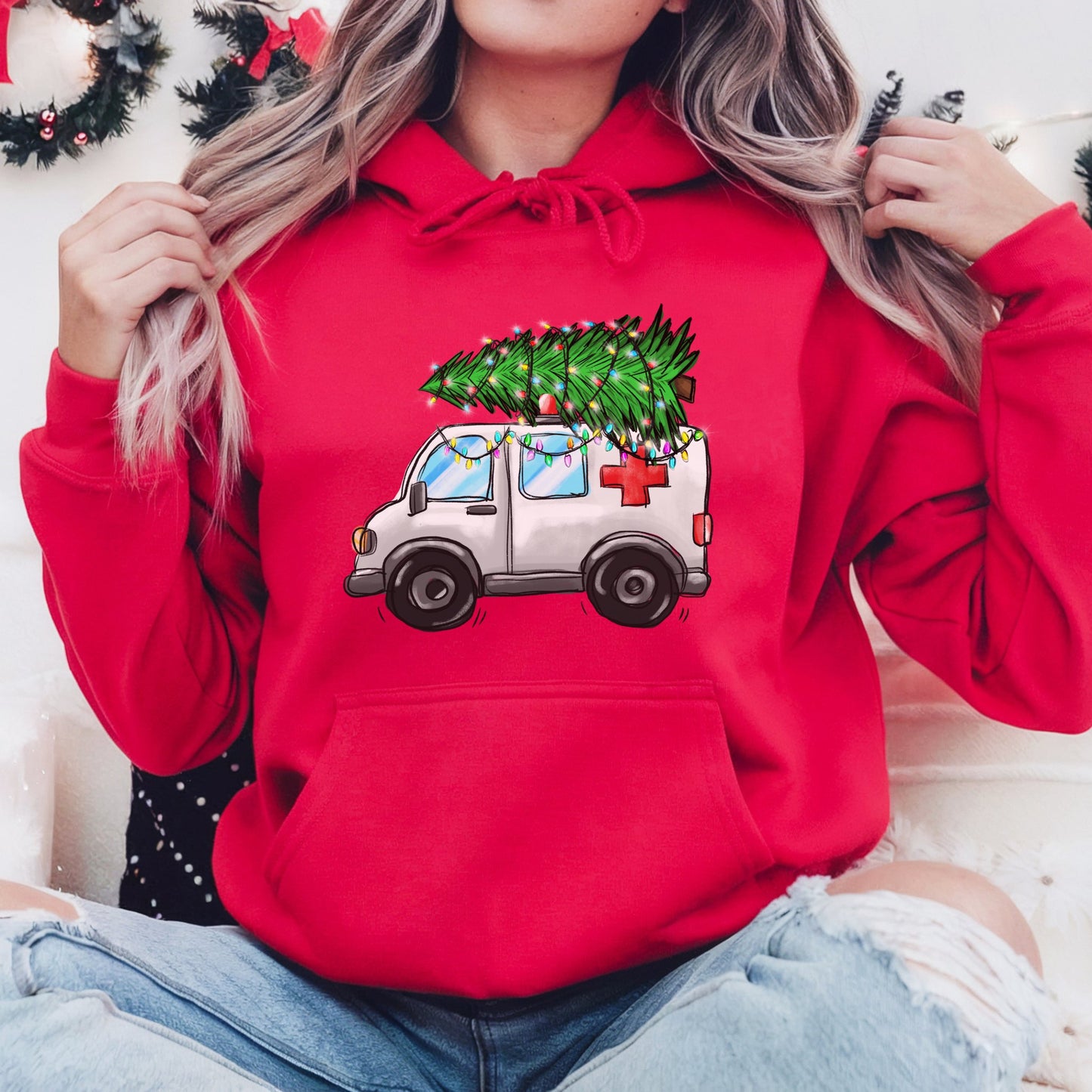 Ambulance Christmas Tree Unisex HoodieHoodieAfter The Call