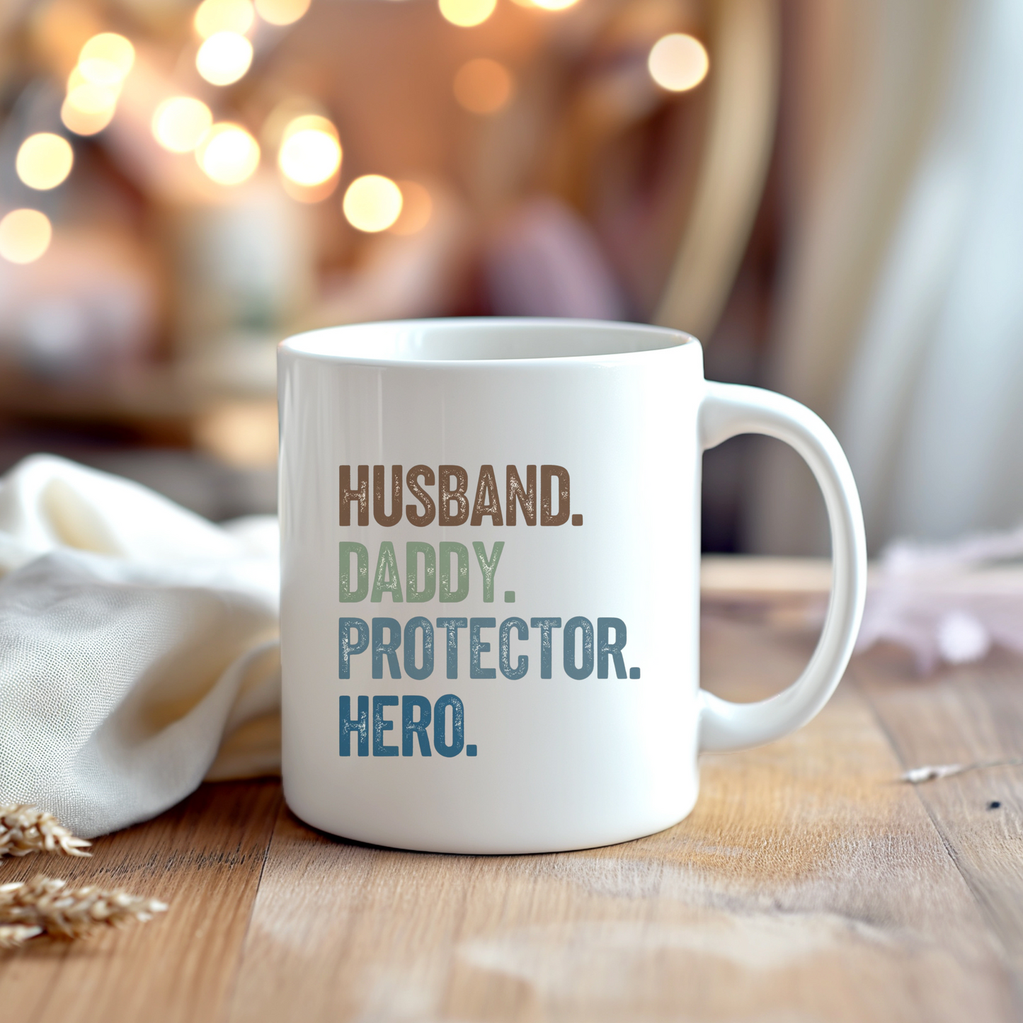 Husband, Daddy, Protector, Hero, White Glossy Mug