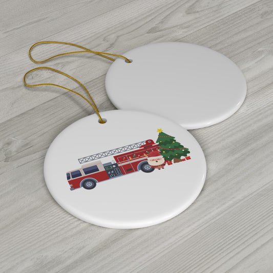 Firetruck & Christmas Tree Ceramic Ornament